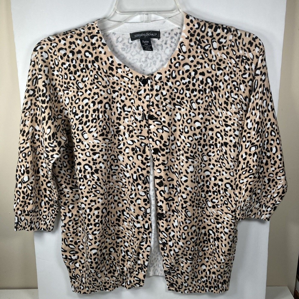 Designers Originals Sweater Cardigan SZ Petite M Leopard Design 3/4 Sleeves EUC